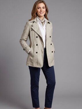 IKKS Beige Linen SZ M Laminated Double-Breasted Coastal Preppy Trench Coat